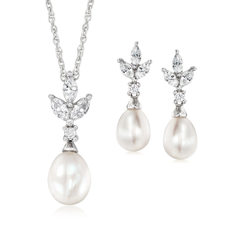 6-7.5mm Cultured Pearl and .98 ct. t.w. CZ Jewelry Set: Earrings and Pendant Necklace in Sterling Silver. 18&quot; image number 1