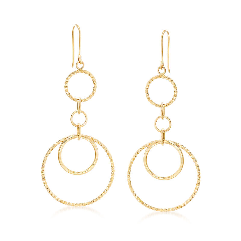 14kt Yellow Gold Textured and Polished Multi-Circle Drop Earrings image number 0