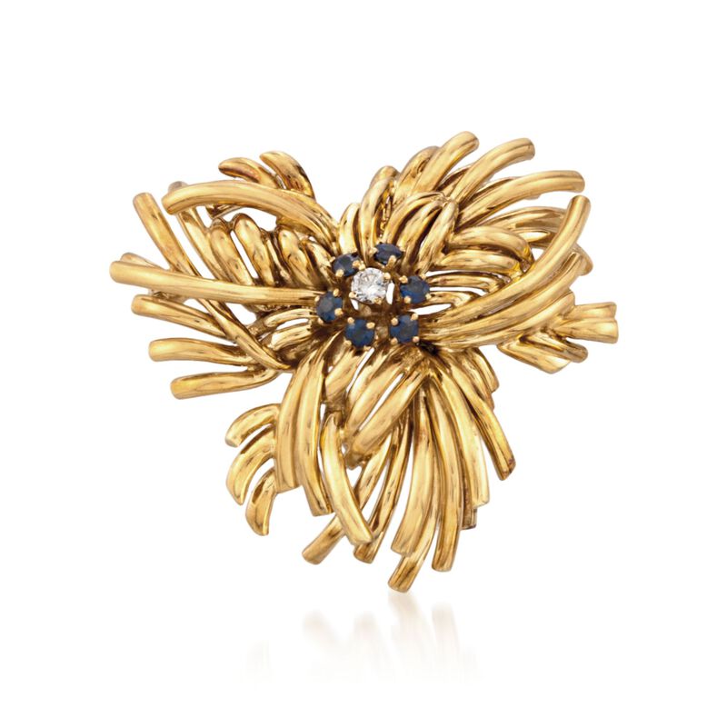 C. 1970 Vintage Tiffany Jewelry 1.20 ct. t.w. Sapphire and .20 Carat Diamond Floral Pin in 18kt Yellow Gold image number 0