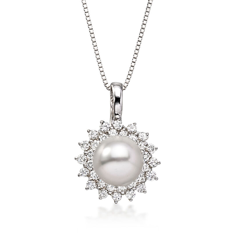 C. 1990 Vintage 10mm Cultured Pearl Pendant Necklace with 1.10 ct. t.w. Diamonds in 18kt White Gold. 18" image number 0