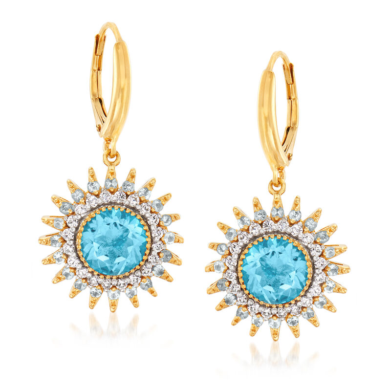 5.40 ct. t.w. Sky Blue Topaz and .50 ct. t.w. Diamond Sun Drop Earrings in 18kt Gold Over Sterling  image number 0