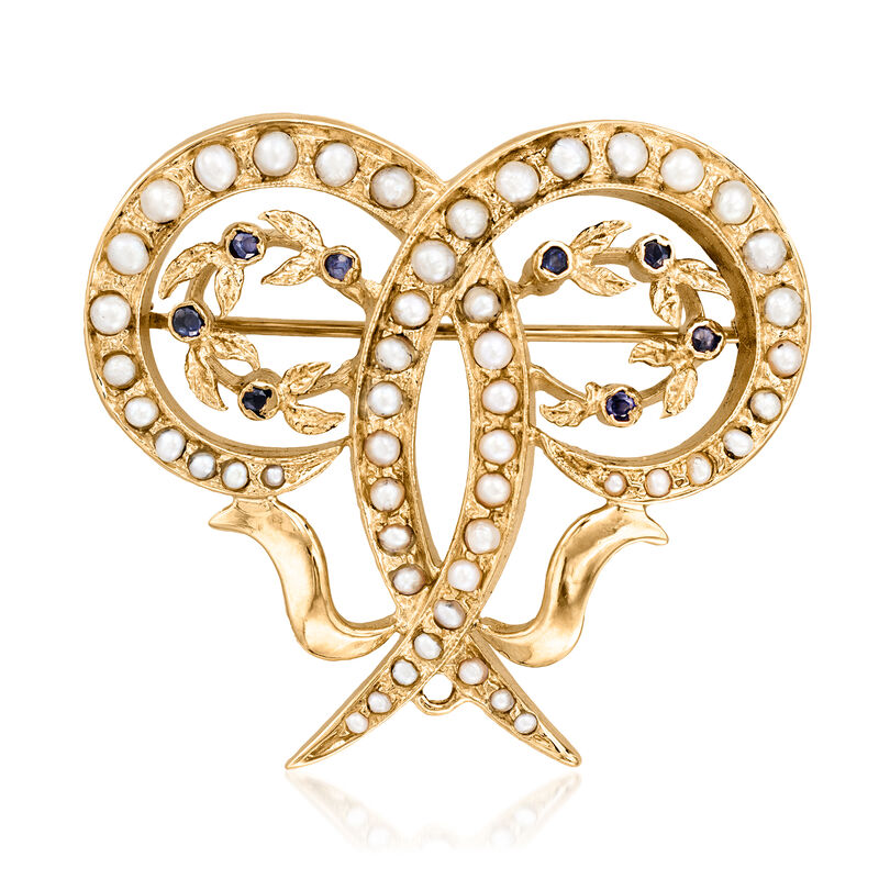 C. 1960 Vintage Seed Pearl and .16 ct. t.w. Sapphire Swirl Pin/Pendant in 14kt Yellow Gold image number 0