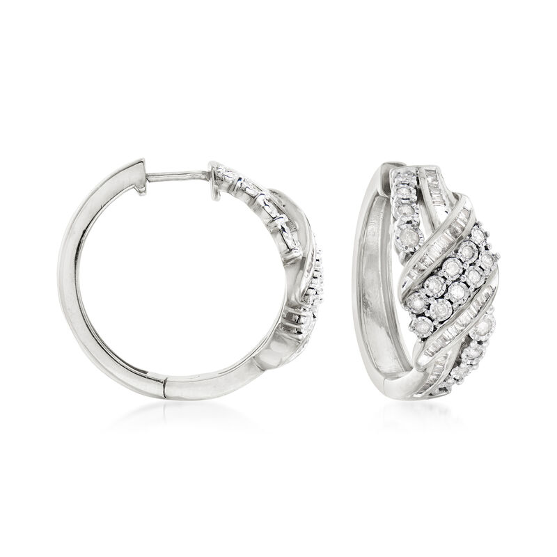 1.00 ct. t.w. Baguette and Round Diamond Ribbon Hoop Earrings in Sterling Silver image number 0