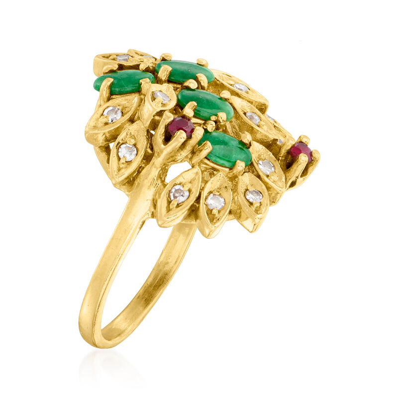 C. 1980 Vintage Jade and .30 ct. t.w. Diamond Leaf Ring with .10 ct. t.w. Ruby in 14kt Yellow Gold . Size 7.5 image number 2