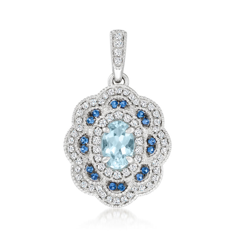 .40 Carat Aquamarine and .10 ct. t.w. Sapphire Pendant with .21 ct. t.w. Diamonds in 14kt White Gold image number 0