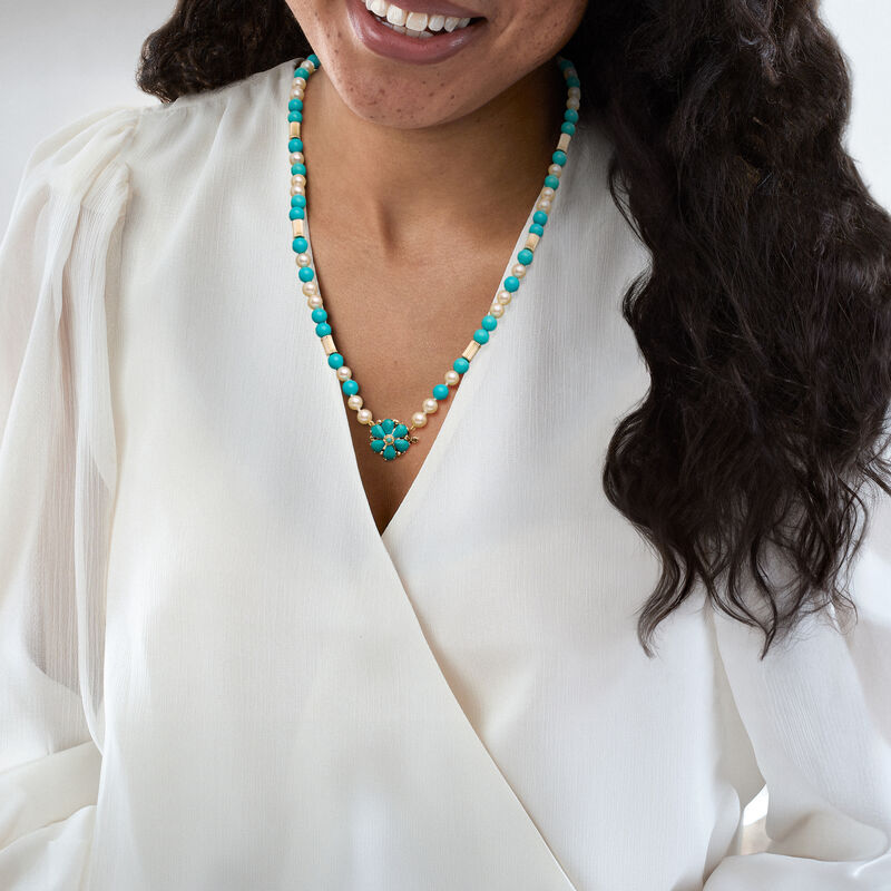 C. 1990 Vintage 2.4-7mm Turquoise Bead and 6.5mm Cultured Pearl Necklace with 14kt Yellow Gold. 22" image number 1