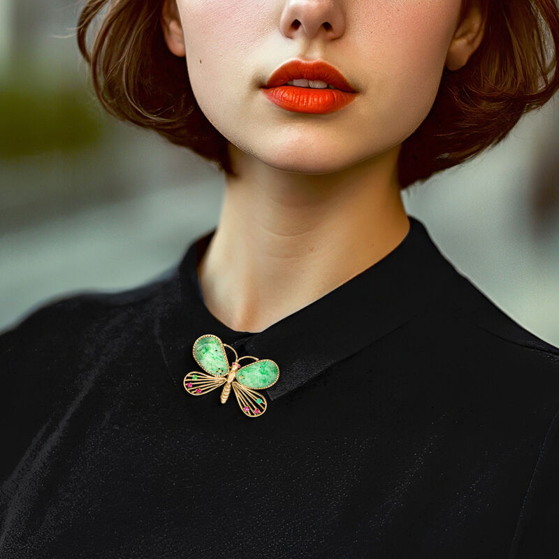 C. 1960 Vintage Jade Butterfly Pin with .55 ct. t.w. Rubies and .20 ct. t.w. Emeralds in 14kt Yellow Gold  image number 1