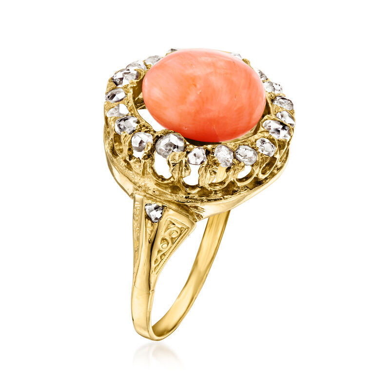 C. 1900 Vintage Coral and .60 ct. t.w. Diamond Ring in 18kt Yellow Gold image number 2