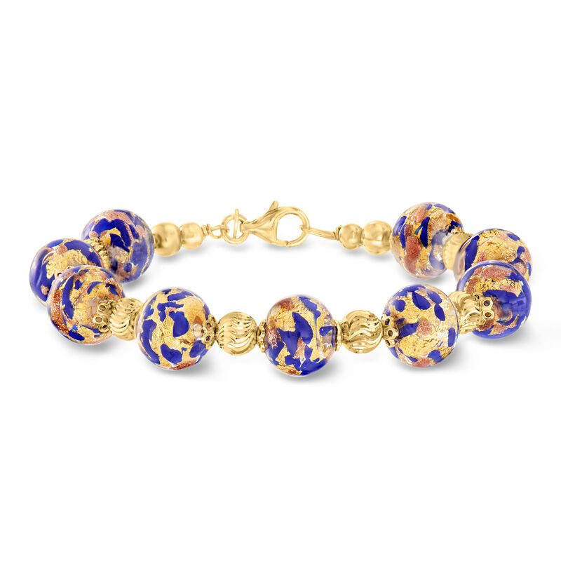 Italian Blue Murano Glass Bead Bracelet in 18kt Gold Over Sterling. 7" image number 0