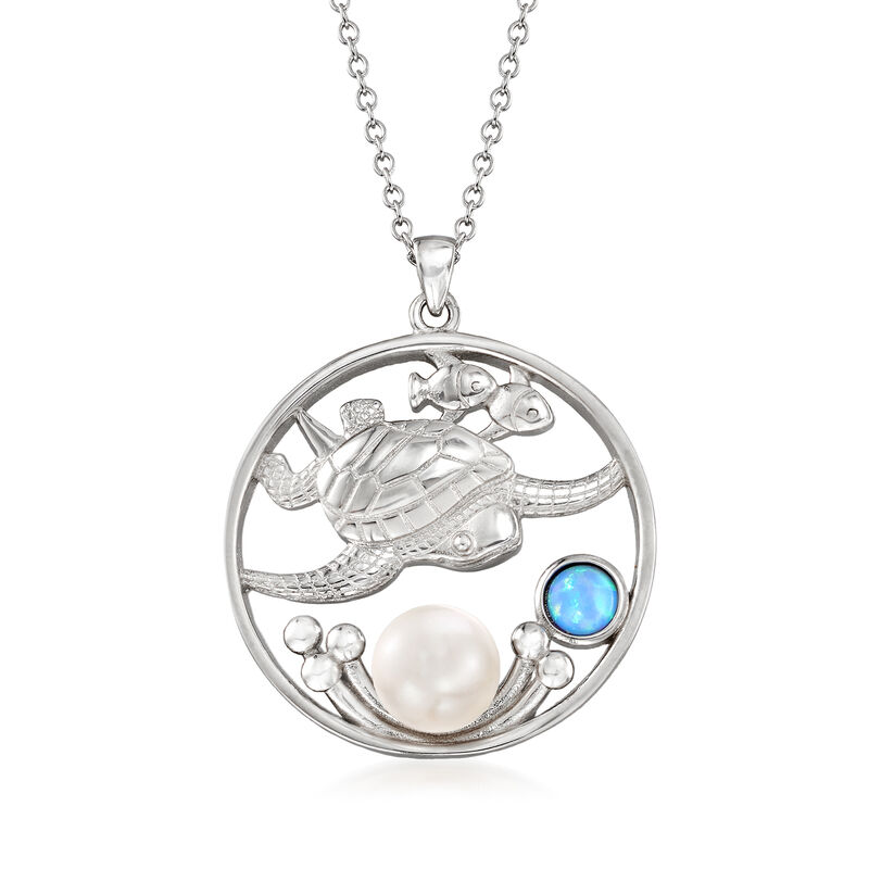 Cultured Button Pearl and Simulated Blue Opal Sea Life Pendant Necklace in Sterling Silver image number 0
