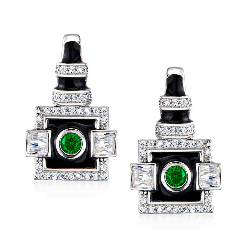 .20 ct. t.w. Simulated Emerald and .70 ct. t.w. CZ Art Deco-Style Earrings with Black Enamel in Sterling Silver image number 0