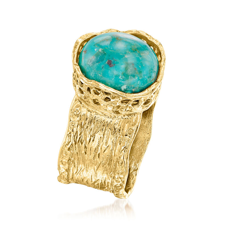 Turquoise Wide-Band Ring in Textured and Polished 18kt Gold Over Sterling image number 2