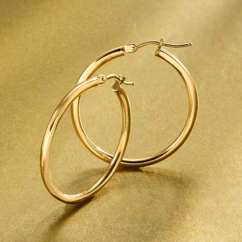 Italian 2mm 18kt Yellow Gold Hoop Earrings. 1 1/8&quot; image number 4