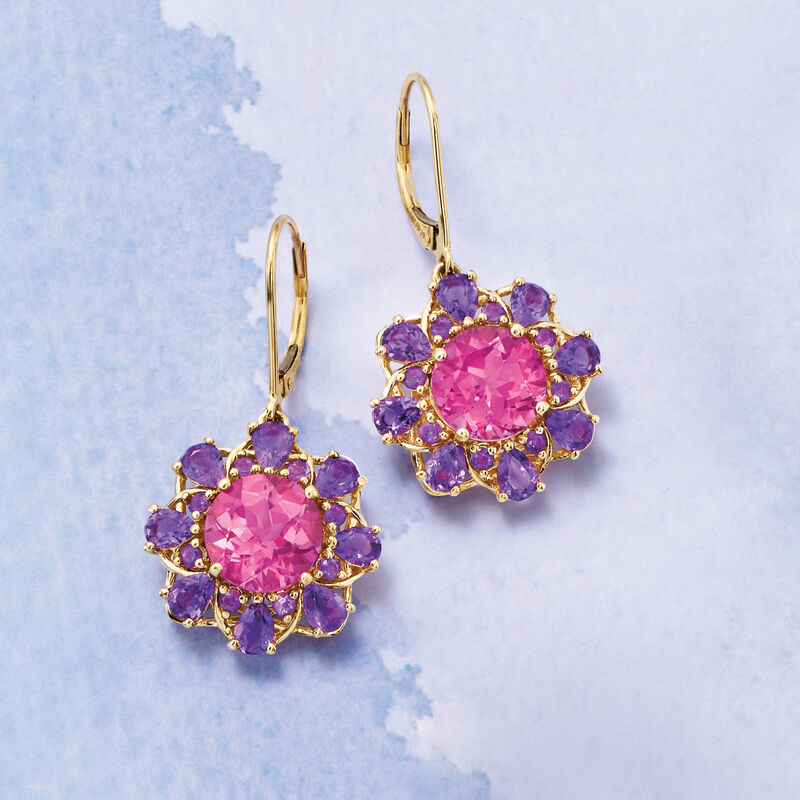 6.75 ct. t.w. Pink Topaz and 2.70 ct. t.w. Amethyst Drop Earrings in 14kt Yellow Gold image number 2