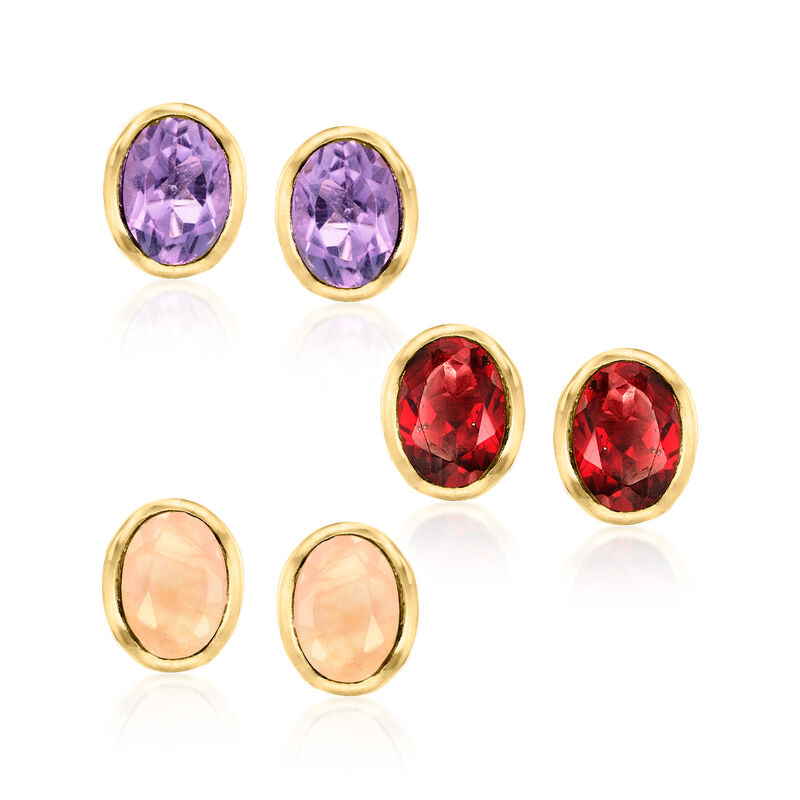 4.20 ct. t.w. Multi-Gemstone Jewelry Set: Three Pairs of Stud Earrings in 18kt Gold Over Sterling  image number 0