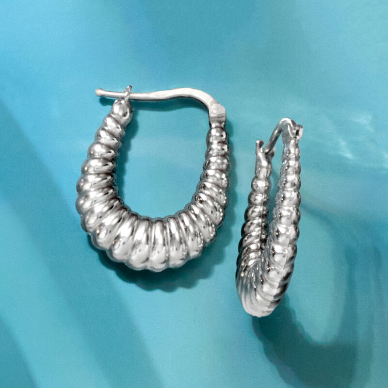 Italian Sterling Silver Grooved Graduated Hoop Earrings. 1&quot; image number 2