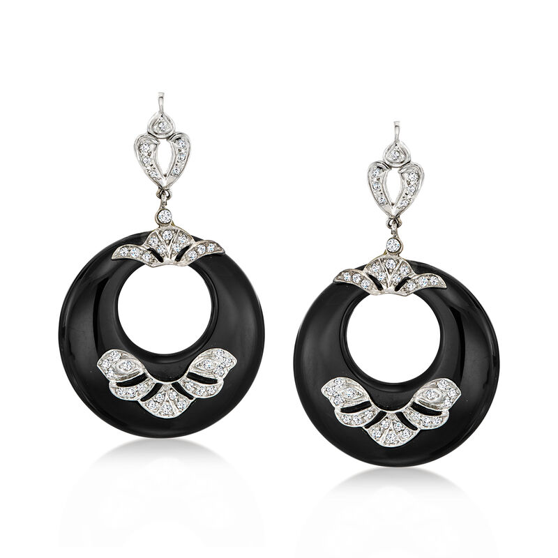 C. 1980 Vintage Onyx Disc Drop Earrings with .85 ct. t.w. Diamonds in 14kt White Gold  image number 0