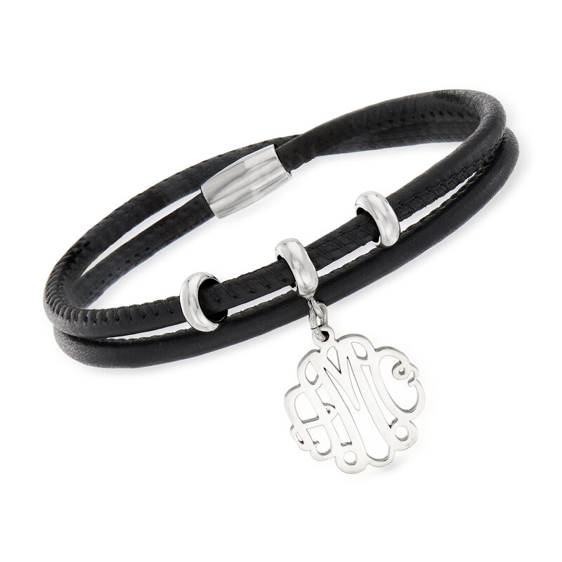 Black Leather Double-Wrap Bracelet with Sterling Silver Personalized Monogram Charm image number 0