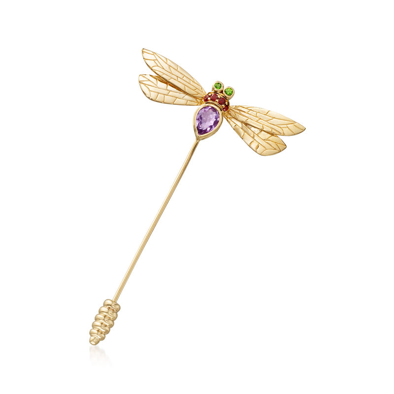 .80 Carat Amethyst and .10 ct. t.w. Garnet Dragonfly Stick Pin with Diopside Accents in 18kt Gold Over Sterling image number 0