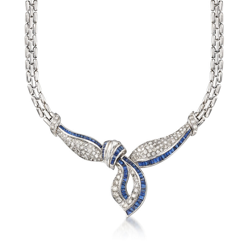 C. 1980 Vintage 6.80 ct. t.w. Sapphire and 4.50 ct. t.w. Diamond Knot Necklace in 18kt White Gold. 16&quot; image number 1