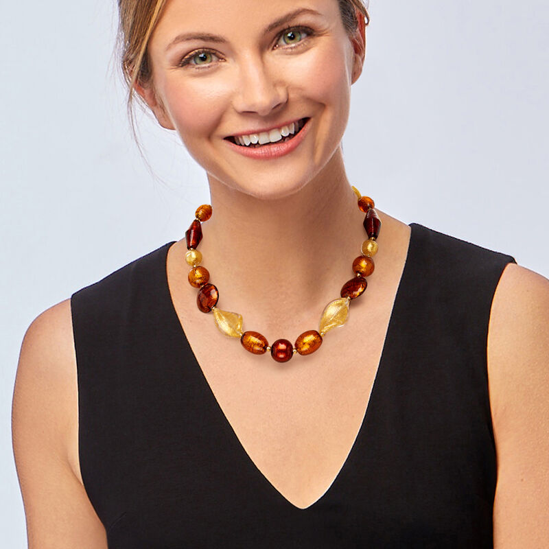 Italian Murano Glass Bead Necklace with 18kt Gold Over Sterling image number 1
