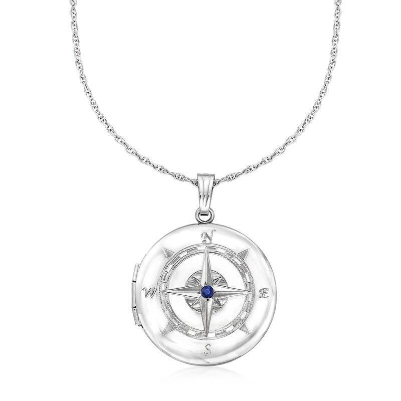 Sterling Silver Compass Locket Necklace with Single Sapphire image number 3