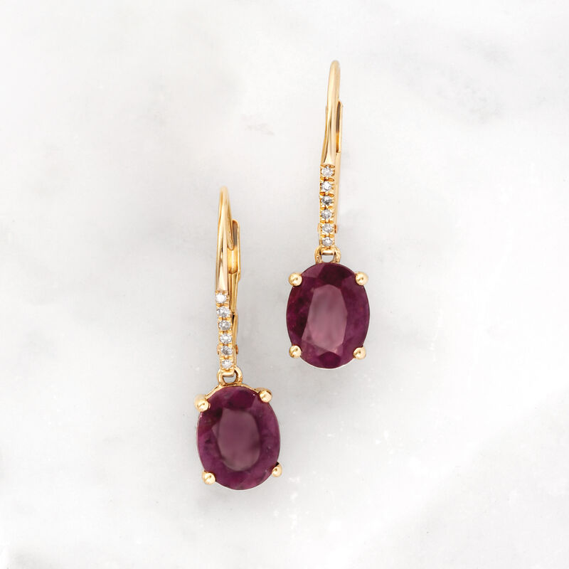 5.00 ct. t.w. Ruby Drop Earrings in 14kt Yellow Gold with Diamond Accents image number 2
