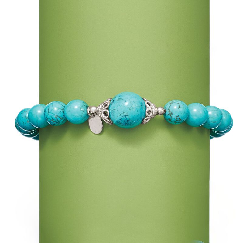 8-12mm Simulated Turquoise Bead Stretch Bracelet with Sterling Silver image number 2