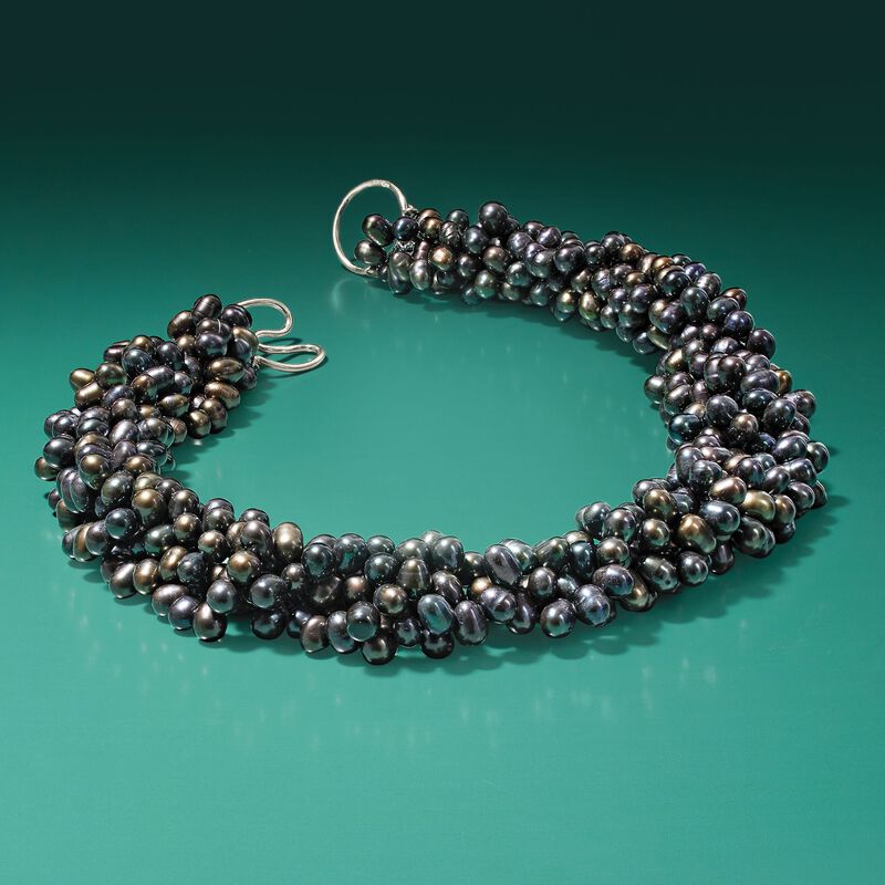 5-6mm Black Cultured Pearl Torsade Necklace with Sterling Silver image number 3