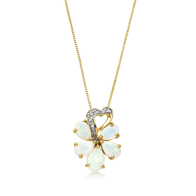 C. 1990 Vintage Opal Flower Pendant Necklace with Diamonds in 10kt Yellow Gold. 24" image number 0