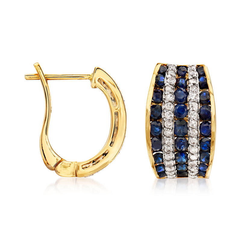 1.80 ct. t.w. Sapphire and .32 ct. t.w. Diamond Hoop Earrings in 14kt Yellow Gold. 1/2&quot; image number 2