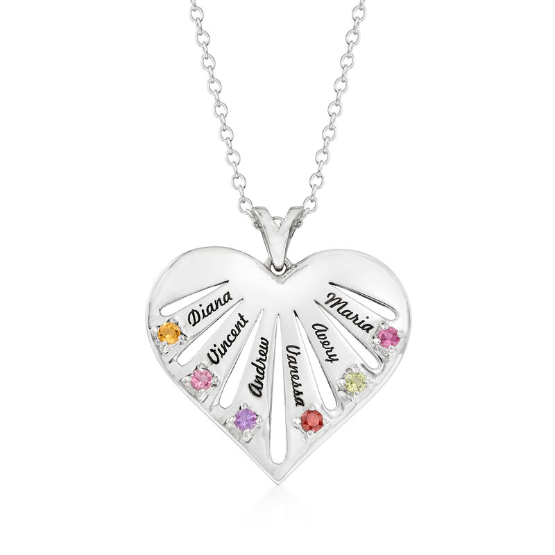 Personalized Heart Pendant Necklace in Sterling Silver - 2 to 8 Birthstones and Names image number 0
