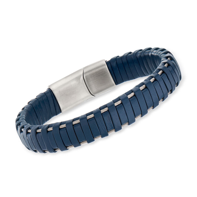 ALOR Men's Blue Leather and Stainless Steel Bracelet with Magnetic Clasp. 8&quot; image number 0