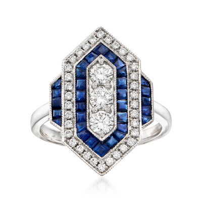 C. 1990 Vintage .85 ct. t.w. Sapphire and .59 ct. t.w. Diamond Geometric Ring in Platinum