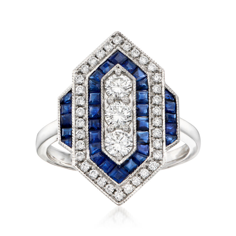 C. 1990 Vintage .85 ct. t.w. Sapphire and .59 ct. t.w. Diamond Geometric Ring in Platinum. Size 6.25 image number 0