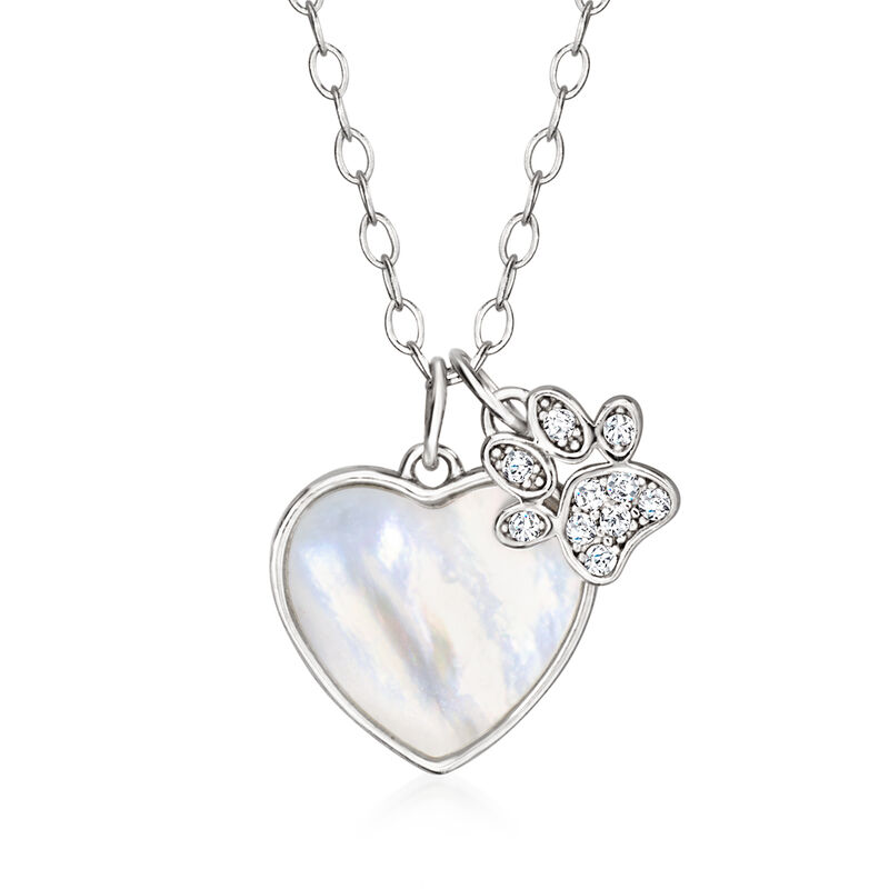 Mother-of-Pearl Heart Pendant Necklace with CZ Paw Print Charm in Sterling Silver. 16&quot; image number 1