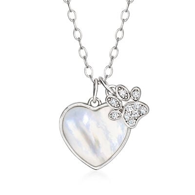 Sterling Silver Mother or Pearl Heart with CZ Paw Necklace Sterling Silver Mother or Pearl Heart with CZ Paw Necklace