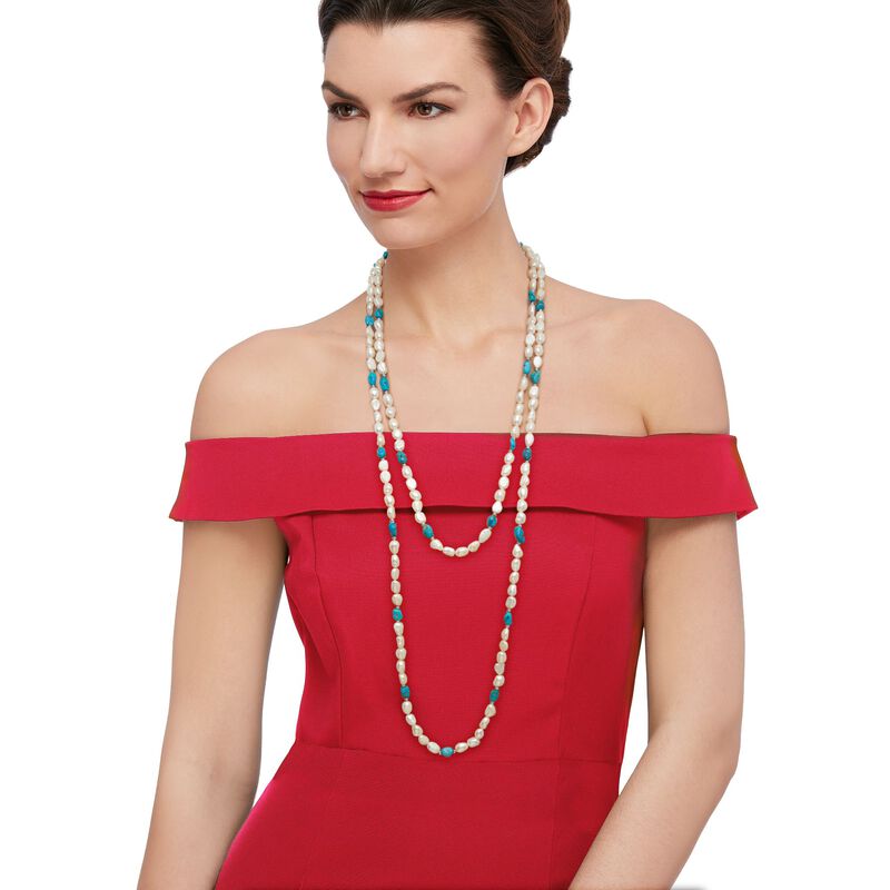 7.5-8.5mm Cultured Pearl and 7-9mm Turquoise Bead Endless Necklace with Sterling Silver Shortener. 72&quot; image number 0
