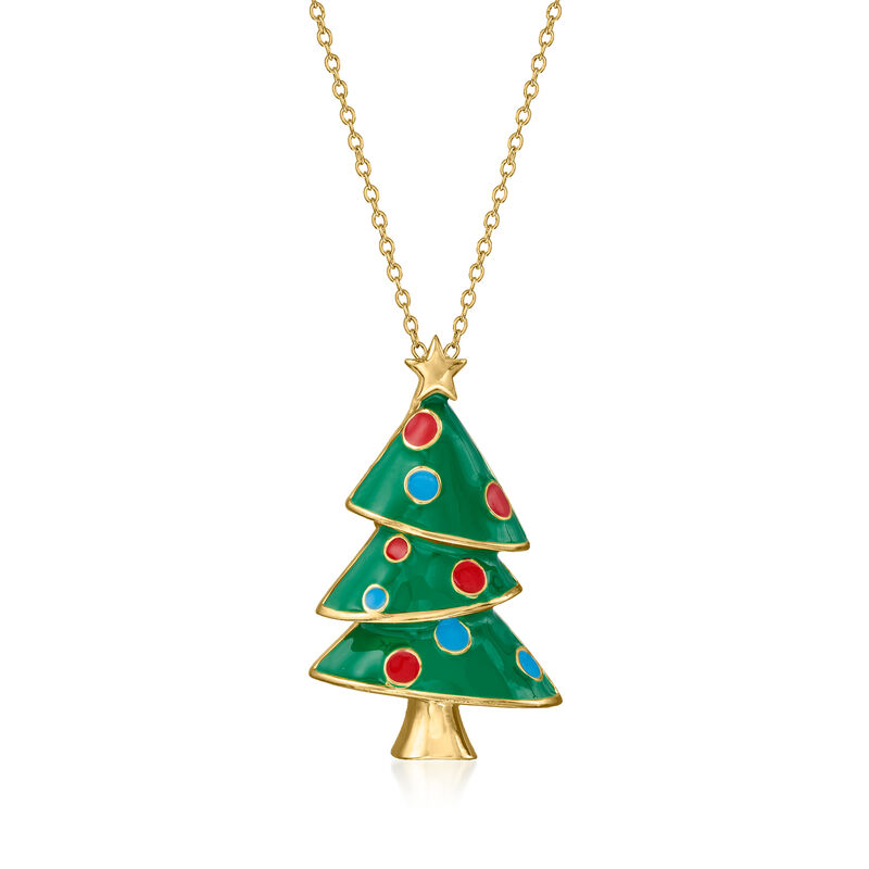 Multicolored Enamel Christmas Tree Pendant Necklace in 18kt Gold Over Sterling image number 0