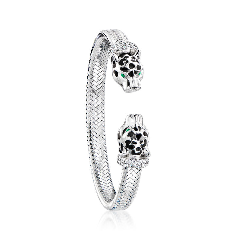 Charles Garnier .60 ct. t.w. CZ Panther Head Cuff Bracelet with Black Enamel and Simulated Emerald Accents in Sterling Silver. 7.5&quot; image number 2