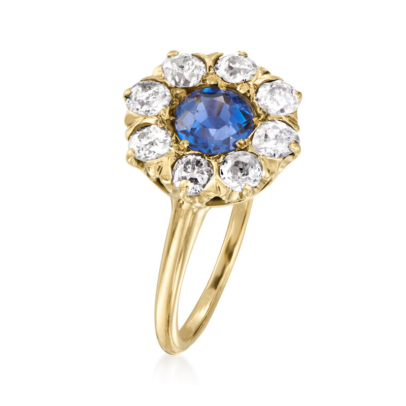 C. 1920 Vintage .55 Carat Sapphire and .65 ct. t.w. Diamond Flower Ring in 10kt Yellow Gold image number 2