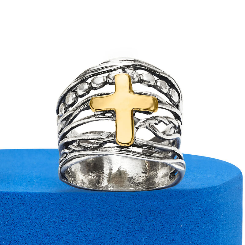 Sterling Silver and 14kt Yellow Gold Multi-Row Cross Ring image number 5