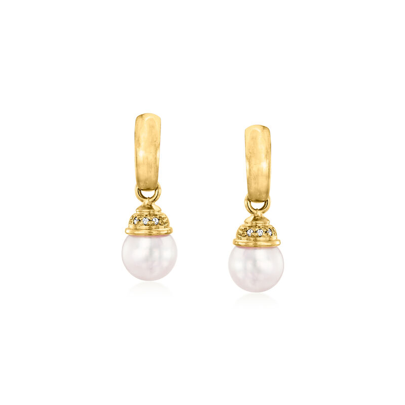 C. 1980 Vintage 8.5mm Cultured Pearl Drop Earrings with Diamonds in 18kt Yellow Gold  image number 0