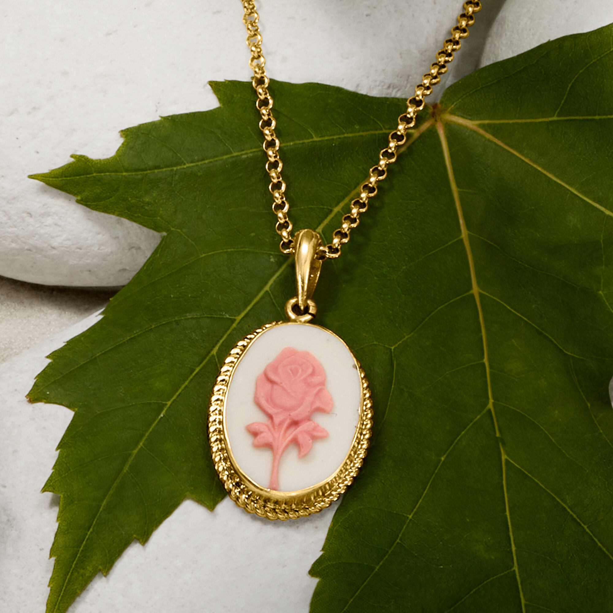 Italian Porcelain Rose Cameo Pendant Necklace in 18kt Gold Over Sterling. 18