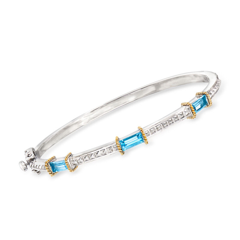 Andrea Candela &quot;La Romana&quot; 2.14 ct. t.w. Blue Topaz Station Bangle Bracelet in Sterling and 18kt Gold. 7&quot; image number 0