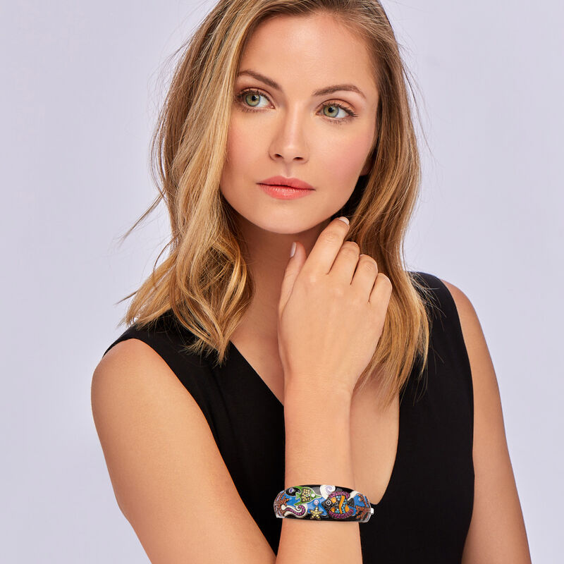 Belle Etoile &quot;Under the Sea&quot; Multicolored Enamel and 4.35 ct. t.w. CZ Bangle Bracelet in Sterling Silver. 7.5&quot; image number 1