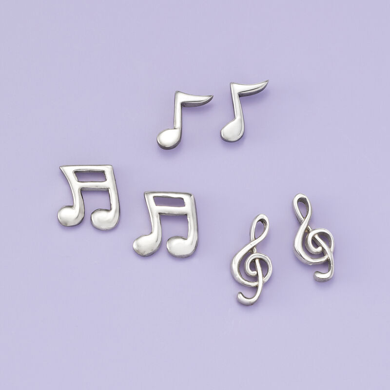Sterling Silver Jewelry Set: Three Pairs of Musical Note Stud Earrings image number 4