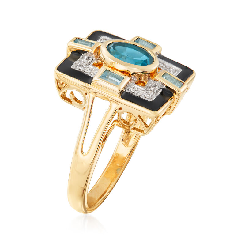 1.20 ct. t.w. London and Sky Blue Topaz and Black Enamel Ring with Diamond Accents in 14kt Yellow Gold image number 2
