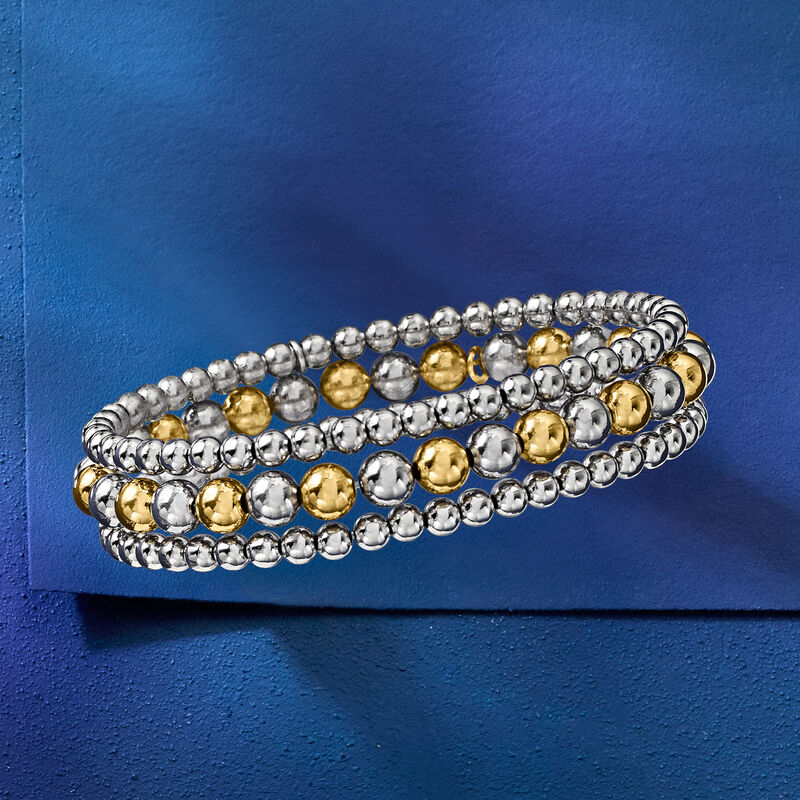 Italian Two-Tone Sterling Silver Jewelry Set: Three 4-6mm Bead Stretch Bracelets image number 4