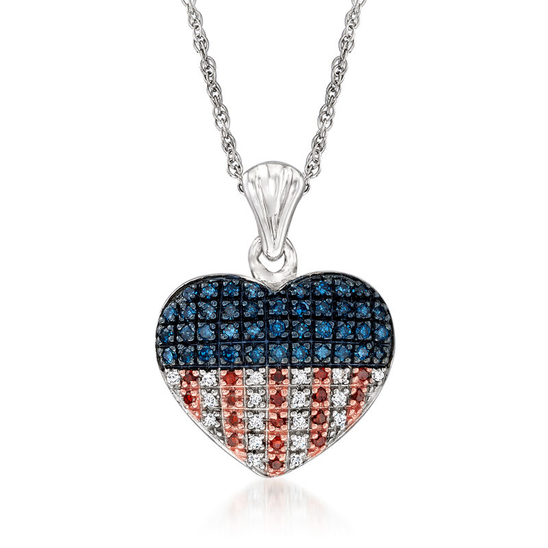 .33 ct. t.w. Red, White and Blue Diamond American Flag Heart Pendant Necklace in Sterling Silver image number 0